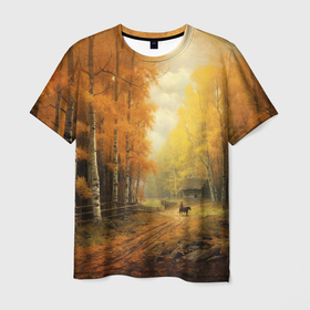 Мужская футболка 3D с принтом Осень в деревне , 100% полиэфир | прямой крой, круглый вырез горловины, длина до линии бедер | 