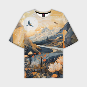 Мужская футболка oversize 3D с принтом солнечное утро в цветущих горах в Тюмени,  |  | 