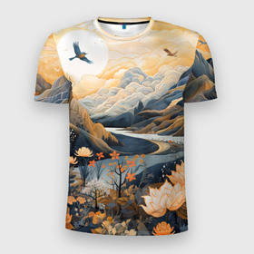 Мужская футболка 3D Slim с принтом солнечное утро в цветущих горах в Тюмени, 100% полиэстер с улучшенными характеристиками | приталенный силуэт, круглая горловина, широкие плечи, сужается к линии бедра | Тематика изображения на принте: 