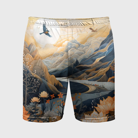 Мужские шорты спортивные с принтом солнечное утро в цветущих горах в Тюмени,  |  | Тематика изображения на принте: 