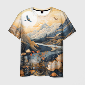Мужская футболка 3D с принтом солнечное утро в цветущих горах , 100% полиэфир | прямой крой, круглый вырез горловины, длина до линии бедер | 