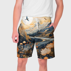 Мужские шорты 3D с принтом солнечное утро в цветущих горах в Тюмени,  полиэстер 100% | прямой крой, два кармана без застежек по бокам. Мягкая трикотажная резинка на поясе, внутри которой широкие завязки. Длина чуть выше колен | 