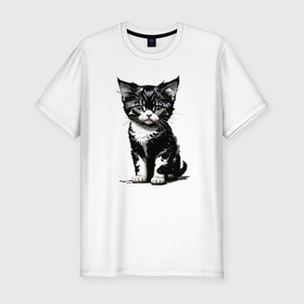 Мужская футболка хлопок Slim с принтом Милый забавный котёнок в Петрозаводске, 92% хлопок, 8% лайкра | приталенный силуэт, круглый вырез ворота, длина до линии бедра, короткий рукав | 