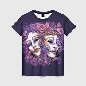 Женская футболка 3D с принтом Театральные маски среди цветов в Тюмени, 100% полиэфир ( синтетическое хлопкоподобное полотно) | прямой крой, круглый вырез горловины, длина до линии бедер | 