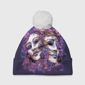 Шапка 3D c помпоном с принтом Театральные маски среди цветов в Кировске, 100% полиэстер | универсальный размер, печать по всей поверхности изделия | 