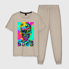 Мужская пижама хлопок с принтом Cool skull   pop art   vogue в Санкт-Петербурге, 100% хлопок | брюки и футболка прямого кроя, без карманов, на брюках мягкая резинка на поясе и по низу штанин
 | 