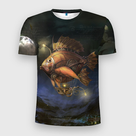 Мужская футболка 3D Slim с принтом рыба дирижабль в ночи в Кировске, 100% полиэстер с улучшенными характеристиками | приталенный силуэт, круглая горловина, широкие плечи, сужается к линии бедра | Тематика изображения на принте: 