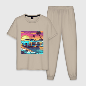 Мужская пижама хлопок с принтом автомобиль Dodge в стиле retrowave в Петрозаводске, 100% хлопок | брюки и футболка прямого кроя, без карманов, на брюках мягкая резинка на поясе и по низу штанин
 | 