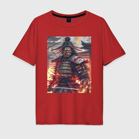 Мужская футболка хлопок Oversize с принтом Самурай зомби в огне в Белгороде, 100% хлопок | свободный крой, круглый ворот, “спинка” длиннее передней части | 