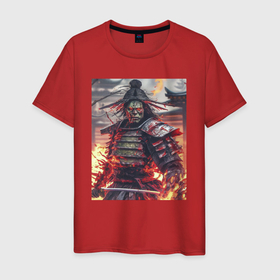 Мужская футболка хлопок с принтом Самурай зомби в огне в Кировске, 100% хлопок | прямой крой, круглый вырез горловины, длина до линии бедер, слегка спущенное плечо. | 