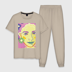 Мужская пижама хлопок с принтом женский портрет с полевыми цветами в Екатеринбурге, 100% хлопок | брюки и футболка прямого кроя, без карманов, на брюках мягкая резинка на поясе и по низу штанин
 | 