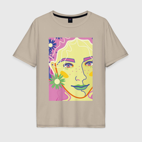 Мужская футболка хлопок Oversize с принтом женский портрет с полевыми цветами в Екатеринбурге, 100% хлопок | свободный крой, круглый ворот, “спинка” длиннее передней части | 