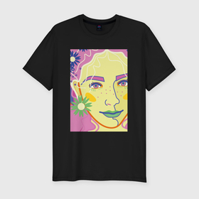 Мужская футболка хлопок Slim с принтом женский портрет с полевыми цветами в Санкт-Петербурге, 92% хлопок, 8% лайкра | приталенный силуэт, круглый вырез ворота, длина до линии бедра, короткий рукав | 