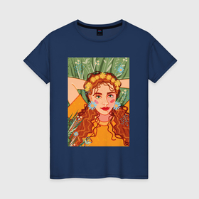 Женская футболка хлопок с принтом рыжеволосая девушка с полевыми цветами в Курске, 100% хлопок | прямой крой, круглый вырез горловины, длина до линии бедер, слегка спущенное плечо | 