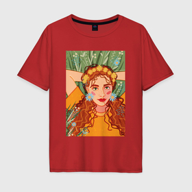 Мужская футболка хлопок Oversize с принтом рыжеволосая девушка с полевыми цветами в Санкт-Петербурге, 100% хлопок | свободный крой, круглый ворот, “спинка” длиннее передней части | 
