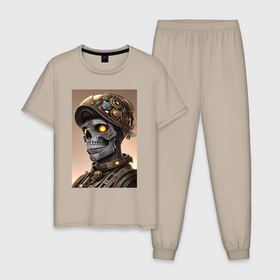 Мужская пижама хлопок с принтом Cool skull   steampunk   neural network в Екатеринбурге, 100% хлопок | брюки и футболка прямого кроя, без карманов, на брюках мягкая резинка на поясе и по низу штанин
 | 