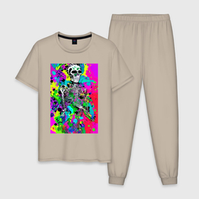Мужская пижама хлопок с принтом Funny skeleton   pop art в Белгороде, 100% хлопок | брюки и футболка прямого кроя, без карманов, на брюках мягкая резинка на поясе и по низу штанин
 | 