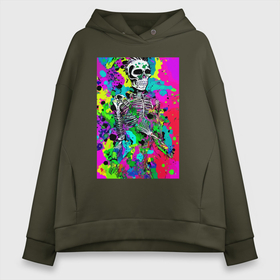 Женское худи Oversize хлопок с принтом Funny skeleton   pop art в Екатеринбурге, френч-терри — 70% хлопок, 30% полиэстер. Мягкий теплый начес внутри —100% хлопок | боковые карманы, эластичные манжеты и нижняя кромка, капюшон на магнитной кнопке | 