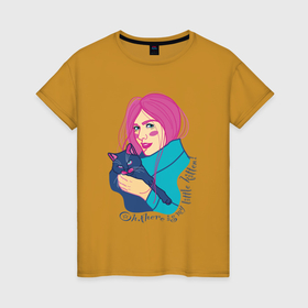 Женская футболка хлопок с принтом девушка с розовыми волосами держит кота , 100% хлопок | прямой крой, круглый вырез горловины, длина до линии бедер, слегка спущенное плечо | 