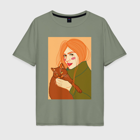 Мужская футболка хлопок Oversize с принтом рыжая девушка с  котом в Санкт-Петербурге, 100% хлопок | свободный крой, круглый ворот, “спинка” длиннее передней части | 