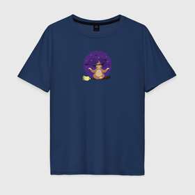 Мужская футболка хлопок Oversize с принтом Ленивец медитирует на ведьминской метле в Тюмени, 100% хлопок | свободный крой, круглый ворот, “спинка” длиннее передней части | 
