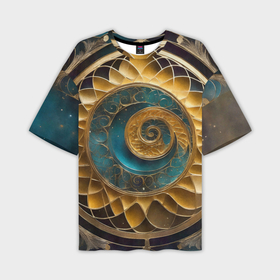 Мужская футболка oversize 3D с принтом Синий золотой водоворот декоративный орнамент в Курске,  |  | 