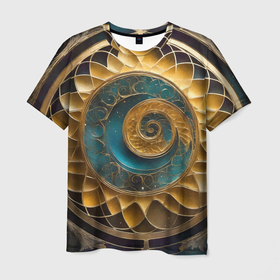 Мужская футболка 3D с принтом Синий золотой водоворот декоративный орнамент в Курске, 100% полиэфир | прямой крой, круглый вырез горловины, длина до линии бедер | 