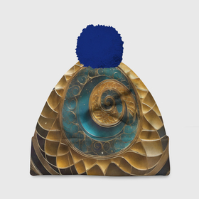 Шапка 3D c помпоном с принтом Синий золотой водоворот декоративный орнамент в Кировске, 100% полиэстер | универсальный размер, печать по всей поверхности изделия | Тематика изображения на принте: 