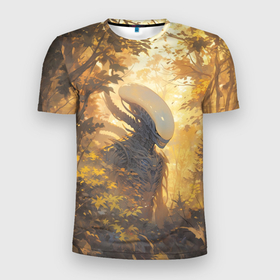 Мужская футболка 3D Slim с принтом Ксеноморф в утреннем лесу в Кировске, 100% полиэстер с улучшенными характеристиками | приталенный силуэт, круглая горловина, широкие плечи, сужается к линии бедра | 
