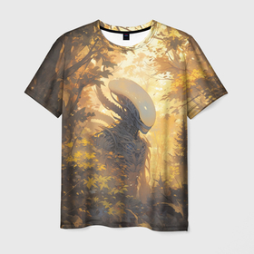 Мужская футболка 3D с принтом Ксеноморф в утреннем лесу в Курске, 100% полиэфир | прямой крой, круглый вырез горловины, длина до линии бедер | 