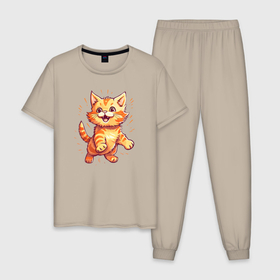 Мужская пижама хлопок с принтом Котёнок радостный , 100% хлопок | брюки и футболка прямого кроя, без карманов, на брюках мягкая резинка на поясе и по низу штанин
 | 