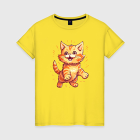 Женская футболка хлопок с принтом Котёнок радостный , 100% хлопок | прямой крой, круглый вырез горловины, длина до линии бедер, слегка спущенное плечо | 