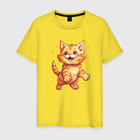 Мужская футболка хлопок с принтом Котёнок радостный в Кировске, 100% хлопок | прямой крой, круглый вырез горловины, длина до линии бедер, слегка спущенное плечо. | 