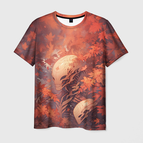 Мужская футболка 3D с принтом Ксеноморф в осенней листве в Кировске, 100% полиэфир | прямой крой, круглый вырез горловины, длина до линии бедер | 