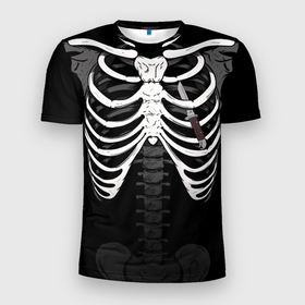 Мужская футболка 3D Slim с принтом Скелет: ребра и нож в Тюмени, 100% полиэстер с улучшенными характеристиками | приталенный силуэт, круглая горловина, широкие плечи, сужается к линии бедра | 