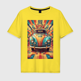 Мужская футболка хлопок Oversize с принтом Ретро машина в ярких цветах в Курске, 100% хлопок | свободный крой, круглый ворот, “спинка” длиннее передней части | Тематика изображения на принте: 