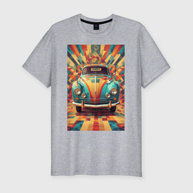 Мужская футболка хлопок Slim с принтом Ретро машина в ярких цветах в Санкт-Петербурге, 92% хлопок, 8% лайкра | приталенный силуэт, круглый вырез ворота, длина до линии бедра, короткий рукав | 