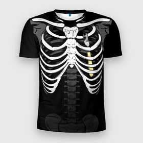 Мужская футболка 3D Slim с принтом Скелет: ребра с вилкой в Тюмени, 100% полиэстер с улучшенными характеристиками | приталенный силуэт, круглая горловина, широкие плечи, сужается к линии бедра | 