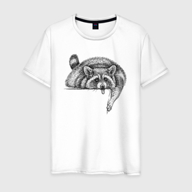Мужская футболка хлопок с принтом Енот устал в Санкт-Петербурге, 100% хлопок | прямой крой, круглый вырез горловины, длина до линии бедер, слегка спущенное плечо. | 