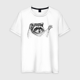 Мужская футболка хлопок с принтом Енот пугает в Санкт-Петербурге, 100% хлопок | прямой крой, круглый вырез горловины, длина до линии бедер, слегка спущенное плечо. | 