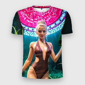 Мужская футболка 3D Slim с принтом Девушка блондинка в ботаническом саду с лилией в Кировске, 100% полиэстер с улучшенными характеристиками | приталенный силуэт, круглая горловина, широкие плечи, сужается к линии бедра | 
