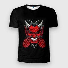 Мужская футболка 3D Slim с принтом Злой сатана в Екатеринбурге, 100% полиэстер с улучшенными характеристиками | приталенный силуэт, круглая горловина, широкие плечи, сужается к линии бедра | Тематика изображения на принте: 