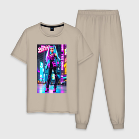 Мужская пижама хлопок с принтом Барби в неоновом городе   фантазия в Санкт-Петербурге, 100% хлопок | брюки и футболка прямого кроя, без карманов, на брюках мягкая резинка на поясе и по низу штанин
 | 