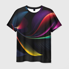 Мужская футболка 3D с принтом Ночная абстракция из разноцветных лучей в Тюмени, 100% полиэфир | прямой крой, круглый вырез горловины, длина до линии бедер | 