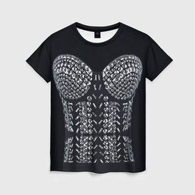 Женская футболка 3D с принтом Черный корсет с блестящими стразами в Тюмени, 100% полиэфир ( синтетическое хлопкоподобное полотно) | прямой крой, круглый вырез горловины, длина до линии бедер | 