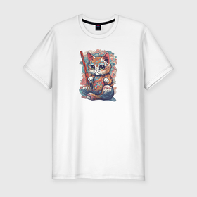 Мужская футболка хлопок Slim с принтом Японский котенок с палочками в Екатеринбурге, 92% хлопок, 8% лайкра | приталенный силуэт, круглый вырез ворота, длина до линии бедра, короткий рукав | 