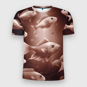Мужская футболка 3D Slim с принтом косяк рыб , 100% полиэстер с улучшенными характеристиками | приталенный силуэт, круглая горловина, широкие плечи, сужается к линии бедра | 