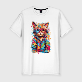 Мужская футболка хлопок Slim с принтом Рыжий кот слушает музыку , 92% хлопок, 8% лайкра | приталенный силуэт, круглый вырез ворота, длина до линии бедра, короткий рукав | 