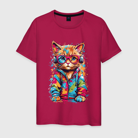 Мужская футболка хлопок с принтом Рыжий кот слушает музыку в Екатеринбурге, 100% хлопок | прямой крой, круглый вырез горловины, длина до линии бедер, слегка спущенное плечо. | 