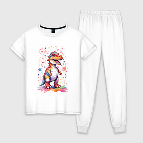 Женская пижама хлопок с принтом Милый детеныш тиранозавра в Курске, 100% хлопок | брюки и футболка прямого кроя, без карманов, на брюках мягкая резинка на поясе и по низу штанин | 